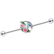 Load image into Gallery viewer, 14G Little Blue Bird Pink Flowers Industrial Barbell 38mm