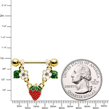 将图片加载到图库查看器,14G 9/16 Clear Gem Gold Tone Strawberry Dangle Nipple Ring Set