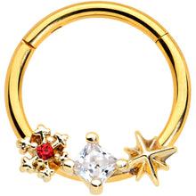 Load image into Gallery viewer, 16G 3/8 Clear Red Gem Gold Hue Star Snowflake Hinged Segment Ring