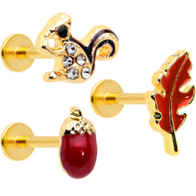 Load image into Gallery viewer, 16G 5/16 Clear Gem Gold Tone Squirrel Leaf Labret Tragus Set of 3