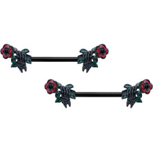 Load image into Gallery viewer, 14G 9/16 Black Skeleton Flower Halloween Barbell Nipple Ring Set
