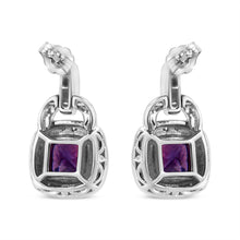 Load image into Gallery viewer, .925 Sterling Silver 8MM Natural Cushion Shaped Amethyst and Diamond Accent Halo with Push Back Dangle Earrings (I-J Color, I2-I3 Clarity)