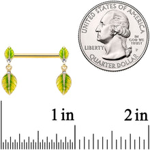 Load image into Gallery viewer, 14G 5/8 Clear Gem Gold Tone Lush Leaves Dangle Nipple Ring Set