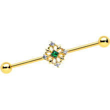 Load image into Gallery viewer, 14G Green Gem Gold Tone Noble Square Industrial Barbell 38mm