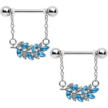 Load image into Gallery viewer, 14G 9/16 Clear Blue Gem Leafy Branch Dangle Nipple Ring Set