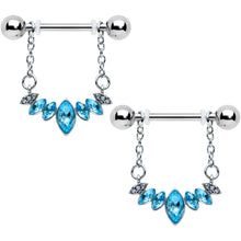 Load image into Gallery viewer, 14G 9/16 Blue Gem Crowning Glory Chain Dangle Nipple Ring Set