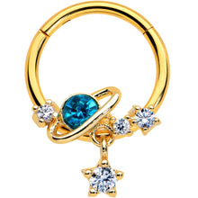 Load image into Gallery viewer, 16G 3/8 Clear CZ Gem Gold Hue Blue Saturn Star Hinged Segment Ring
