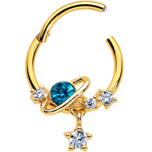 Load image into Gallery viewer, 16G 3/8 Clear CZ Gem Gold Hue Blue Saturn Star Hinged Segment Ring