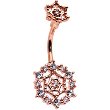 Load image into Gallery viewer, Clear CZ Gem Rose Gold Tone Geometric Web Double Mount Belly Ring