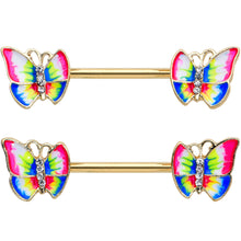 Load image into Gallery viewer, 14G 9/16 Clear Gem Gold Tone Bright Butterfly Nipple Ring Set