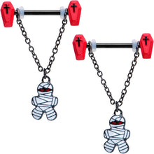 Load image into Gallery viewer, 14G 9/16 Mummy Red Coffin Halloween Chain Dangle Nipple Ring Set