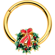 Load image into Gallery viewer, 16G 3/8 Gold Hue Festive Christmas Wreath Bow Hinged Segment Ring