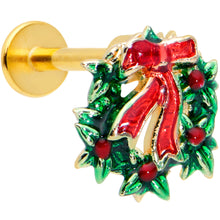 Load image into Gallery viewer, 16G 5/16 Gold Tone Festive Wreath Bow Christmas Labret Tragus