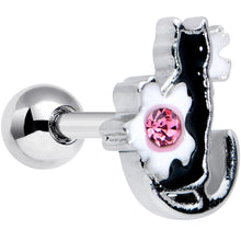 Load image into Gallery viewer, 16G 1/4 Pink Gem Black Cat White Flowers Cartilage Tragus Earring