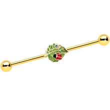 Load image into Gallery viewer, 14G Clear Gem Gold Tone Leafy Ladybug Industrial Barbell 38mm