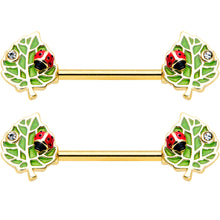 Load image into Gallery viewer, 14G 9/16 Clear Gem Gold Hue Leafy Ladybug Barbell Nipple Ring Set