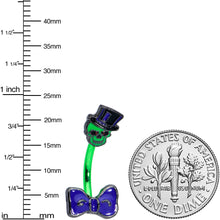 Load image into Gallery viewer, Green Top Hat Bow Tie Skull Halloween Double Mount Belly Ring
