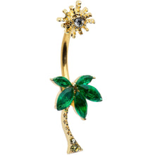 Load image into Gallery viewer, Clear Green Gem Gold Tone Sun Palm Tree Double Mount Belly Ring