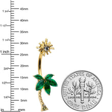 Load image into Gallery viewer, Clear Green Gem Gold Tone Sun Palm Tree Double Mount Belly Ring