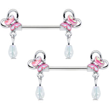 将图片加载到图库查看器,14G 9/16 Heart Pink Butterfly Dangle Barbell Nipple Ring Set