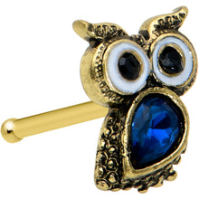Load image into Gallery viewer, 20G 1/4 Blue Gem Gold Tone Wide Eyed Owl Nose Bone