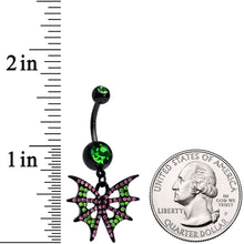 Load image into Gallery viewer, Pink Green Gem Black Bat Wings Halloween Dangle Belly Ring