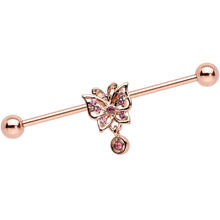 Load image into Gallery viewer, 14G Pink CZ Gem Rose Gold Tone Butterfly Industrial Barbell 38mm