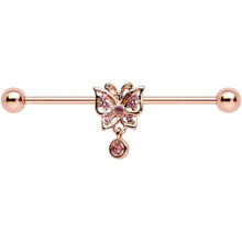 Load image into Gallery viewer, 14G Pink CZ Gem Rose Gold Tone Butterfly Industrial Barbell 38mm