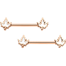 Load image into Gallery viewer, 14G 9/16 Rose Gold Tone Fall White Maple Leaf Nipple Ring Set
