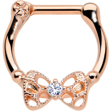 Load image into Gallery viewer, 16G 3/8 Clear CZ Gem Rose Gold Hue Openwork Bow Cartilage Clicker
