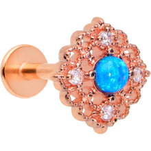 Load image into Gallery viewer, 16G 5/16 Blue Synth Opal Rose Gold Tone Lacy Labret Monroe Tragus