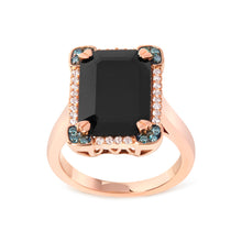 将图片加载到图库查看器,14K Rose Gold 15x10 MM Emerald-Cut Black Onyx and 1/5 Cttw Blue and White Diamond Halo Cocktail Ring (G-H Color, SI1-SI2 Clarity)- Size 7