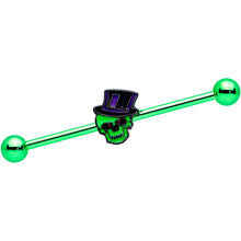 Load image into Gallery viewer, 14G Green Top Hat Skull Halloween Industrial Barbell 38mm