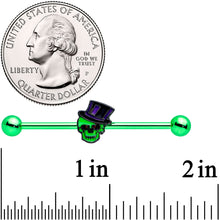 Load image into Gallery viewer, 14G Green Top Hat Skull Halloween Industrial Barbell 38mm