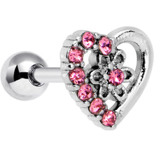 Load image into Gallery viewer, 16G 1/4 Pink Gem Floral Hollow Heart Cartilage Tragus Earring