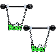 Load image into Gallery viewer, 14G 5/8 Black Green Boo Smile Ghost Chain Dangle Nipple Ring Set