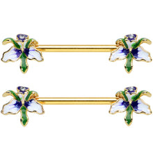 Load image into Gallery viewer, 14G 9/16 Clear Gem Gold Tone Iris Flower Barbell Nipple Ring Set