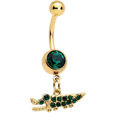 Load image into Gallery viewer, Green Gem Gold Tone Gator Palm Tree Dangle Belly Ring Set of 2