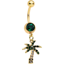 Load image into Gallery viewer, Green Gem Gold Tone Gator Palm Tree Dangle Belly Ring Set of 2