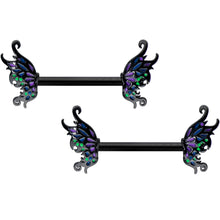 Load image into Gallery viewer, 14G 1/2 Black Faerie Wings Fantasy Barbell Nipple Ring Set