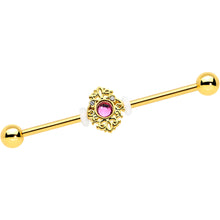 Load image into Gallery viewer, 14G Clear Pink Gem Gold Tone Lace Love Industrial Barbell 38mm