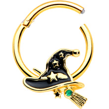Load image into Gallery viewer, 16G 3/8 Gold Tone Witch Hat Broom Halloween Hinged Segment Ring