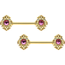 Load image into Gallery viewer, 14G 9/16 Pink Gem Gold Hue Open Lace Love Barbell Nipple Ring Set