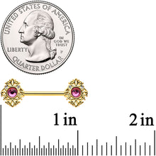Load image into Gallery viewer, 14G 9/16 Pink Gem Gold Hue Open Lace Love Barbell Nipple Ring Set