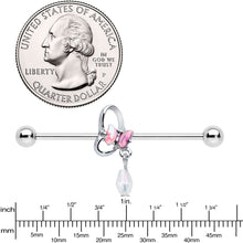 Load image into Gallery viewer, 14G Heart Pink Butterfly Dangle Industrial Barbell 38mm