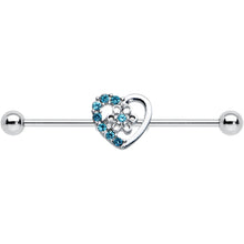Load image into Gallery viewer, 14G Blue Gem Floral Hollow Heart Industrial Barbell 38mm