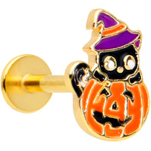 将图片加载到图库查看器,16G 5/16 Gold Tone Pumpkin Black Cat Halloween Labret Tragus