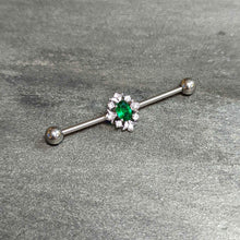 Load image into Gallery viewer, 14G Clear Green Gem Ornate Art Deco Industrial Barbell 38mm