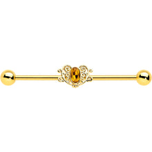 Load image into Gallery viewer, 14G Yellow Gem Gold Tone Duet Scroll Industrial Barbell 38mm