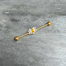 Load image into Gallery viewer, 14G Yellow Gem Gold Tone Duet Scroll Industrial Barbell 38mm